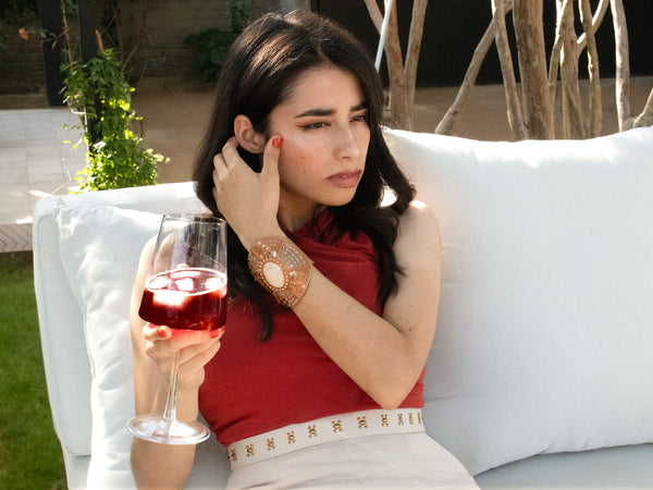 Calleen Cordero Rocal Semi-precious Riverstone Cuff Champagne Leather W/ Nickel & Copper Art