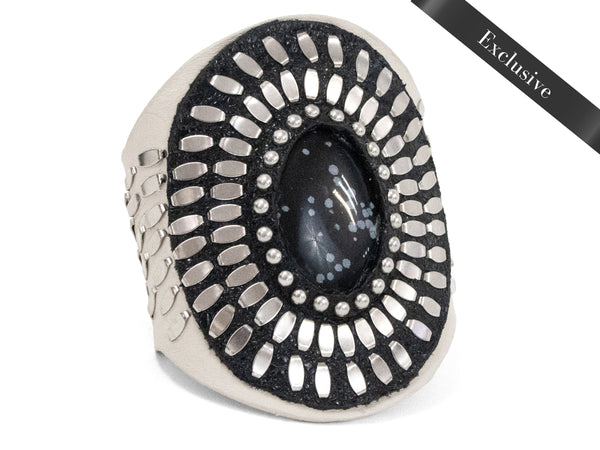 calleen cordero Rocal Semi-precious Snowflake Obsidian Stone Cuff White Milano w/ Nickel art