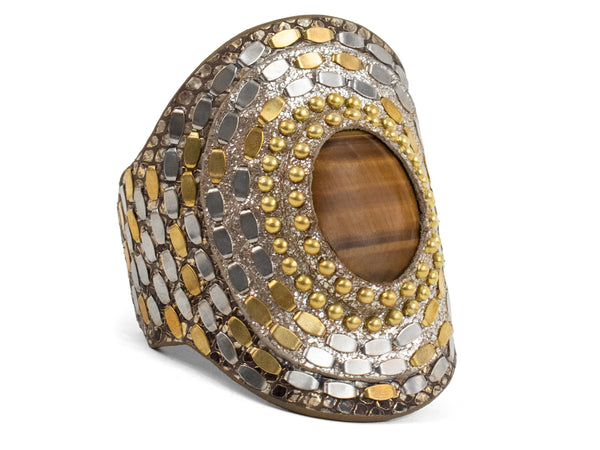 calleen cordero Rocal Semi-precious Tigers Eye Stone Cuff Multi Gold Snake w/ Brass Art
