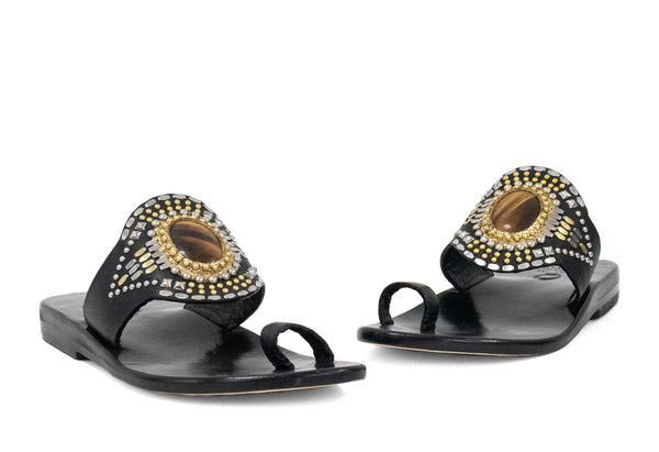 Calleen Cordero Rocal Semi-precious Tigers Eye Stone Sandal Black Belmont W/ Nickel & Brass Art