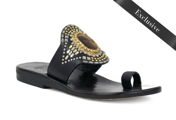 calleen cordero Rocal Semi-precious Tigers Eye Stone Sandal Black Belmont w/ Nickel & Brass Art
