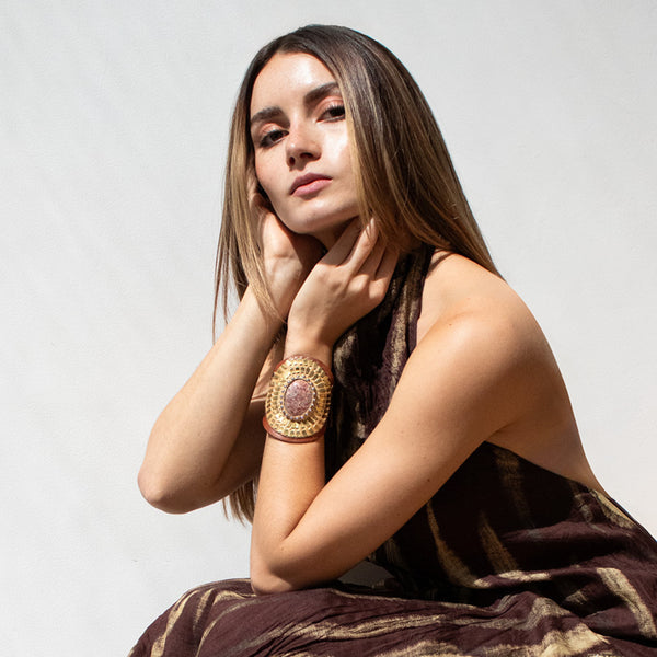 Calleen Cordero Rocal Semi-precious Unikite Stone Cuff Cognac Leather W/ Brass & Nickel Art