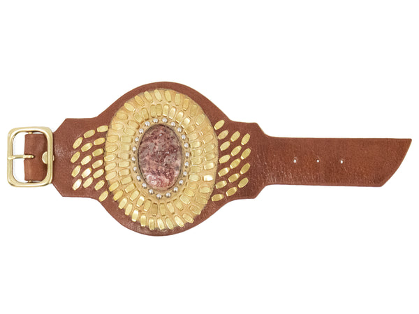 Calleen Cordero Rocal Semi-precious Unikite Stone Cuff Cognac Leather W/ Brass & Nickel Art
