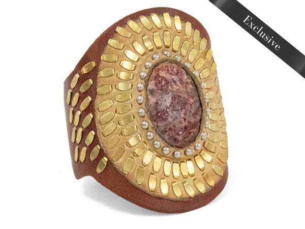 calleen cordero Rocal Semi-precious Unikite Stone Cuff Cognac Leather w/ Brass & Nickel Art