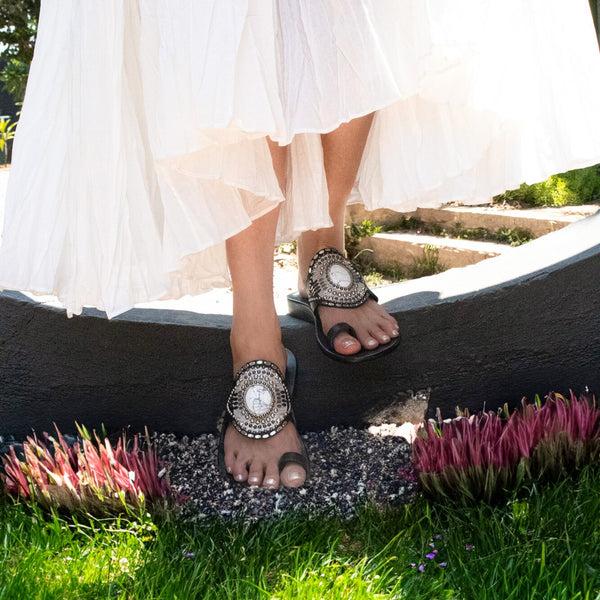 Calleen Cordero Rocal Semi-precious White Howlite Stone Sandal Black - Silver W/ Nickel & Black Art