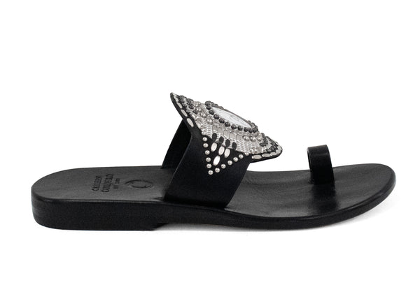 Calleen Cordero Rocal Semi-precious White Howlite Stone Sandal Black - Silver W/ Nickel & Black Art