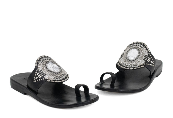 Calleen Cordero Rocal Semi-precious White Howlite Stone Sandal Black - Silver W/ Nickel & Black Art