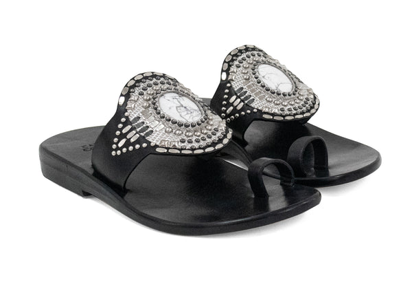 calleen cordero Rocal Semi-precious White Howlite Stone Sandal Black - Silver w/ Nickel & Black Art