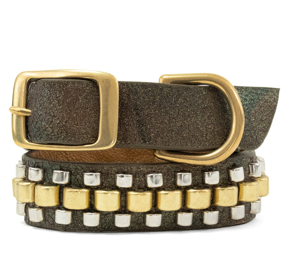 Calleen Cordero Rolex 17" Dog Collars Black Leather W/ Brass & Nickel