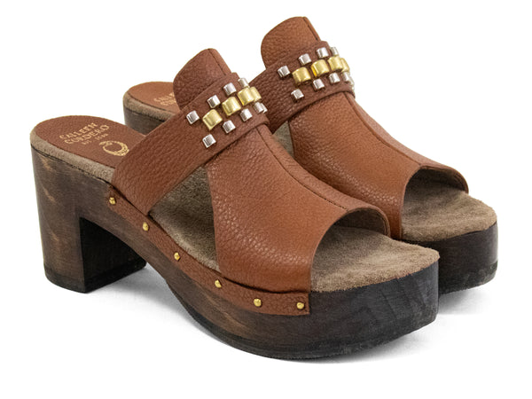 Calleen Cordero Rolexa Heel Cognac Nappa W/ Brass & Nickel Art