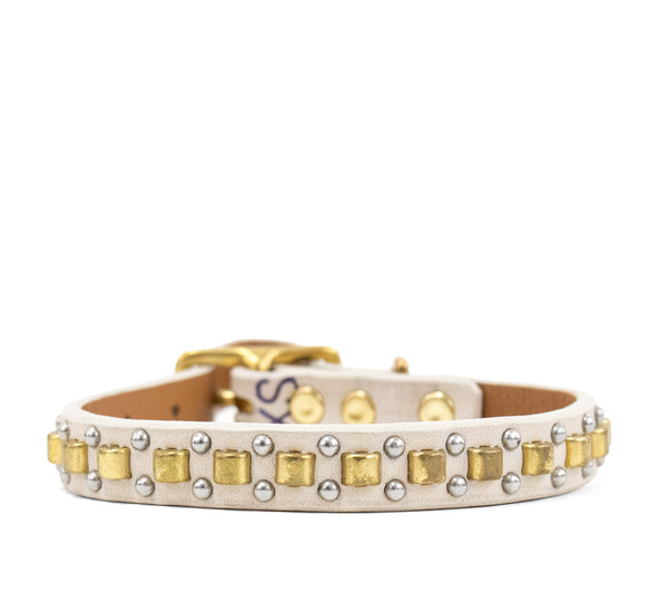 calleen cordero Romina 10" Dog Collars Bone Leather w/ Brass & Nickel Art