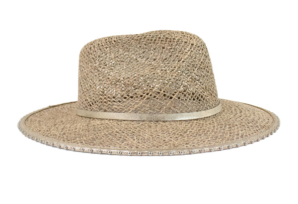 Calleen Cordero Roots Fedora Hat Seagrass - Dusty Gold W/ Nickel Art