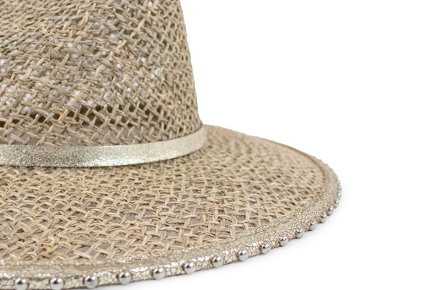 Calleen Cordero Roots Fedora Hat Seagrass - Dusty Gold W/ Nickel Art
