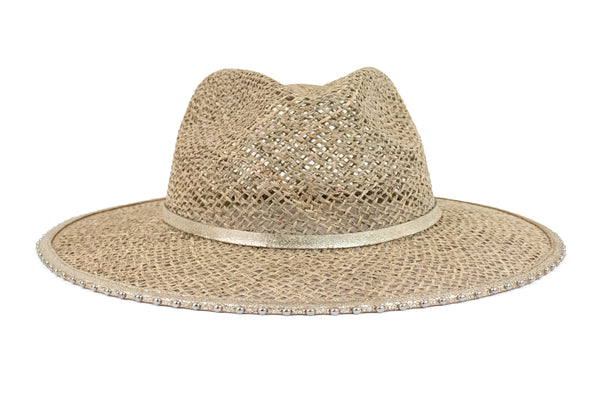 calleen cordero Roots Fedora Hat Seagrass - Dusty Gold w/ Nickel Art
