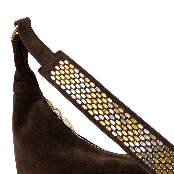 Calleen Cordero Rowan Handbag Chocolate Suede W/ Brass & Nickel Art