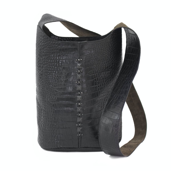 Calleen Cordero Sancha Messenger Black Embossed Croc W/ Nickel Art