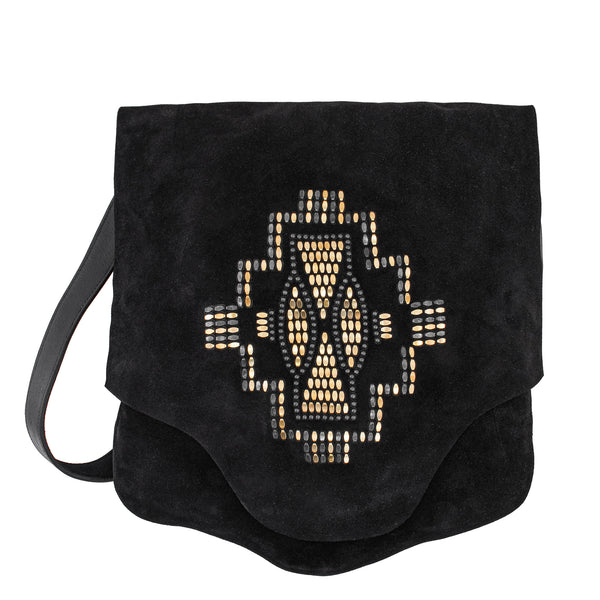 Calleen Cordero Scara Tribecca Messenger Seal Grey Suede W/ Black & Brass Art