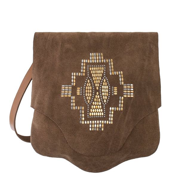 Calleen Cordero Scara Tribecca Messenger Seal Grey Suede W/ Black & Brass Art