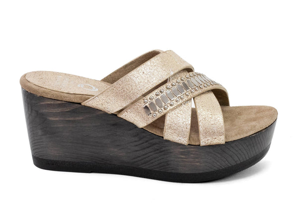 Calleen Cordero Shay A20 Wedge White Gold Sheen W/ Nickel Art