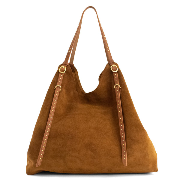 Calleen Cordero Sioux Tote Cognac Suede W/ Brass Art