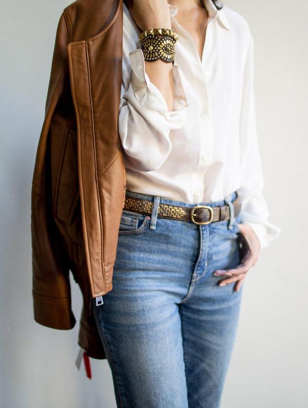 Calleen Cordero Snake 1" Belt Brown El Paso W/ Nickel & Brass