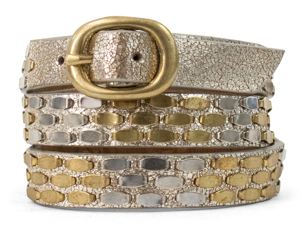 Calleen Cordero Snake .5" Triple Wrap Bracelet White Pearl Cracked W/ Brass & Nickel Art