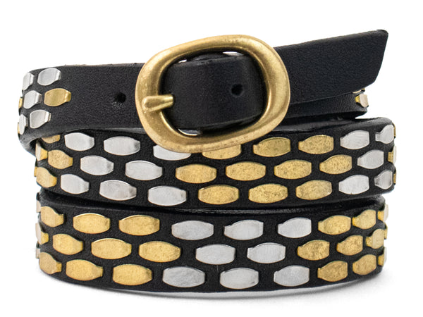 Calleen Cordero Snake .5" Triple Wrap Bracelet White Pearl Cracked W/ Brass & Nickel Art