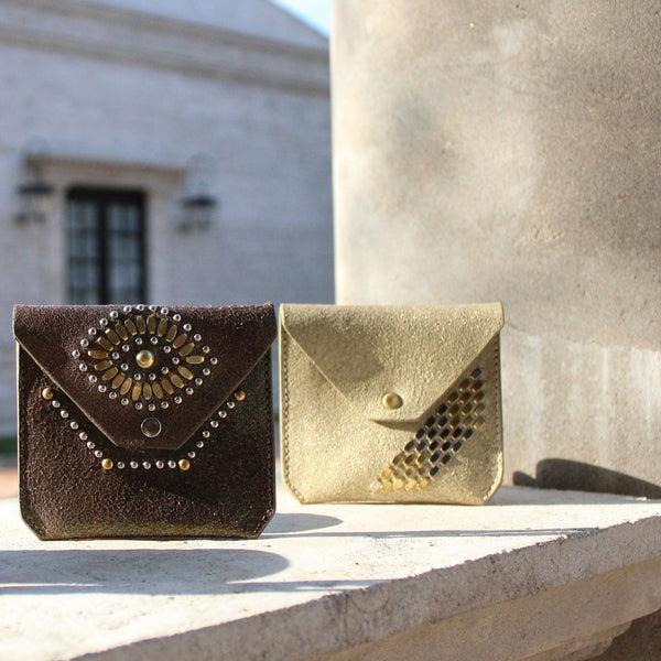 Calleen Cordero Snake Credit Card/Coin Purse Burgundy Aniv Leather W/ Brass & Nickel Art