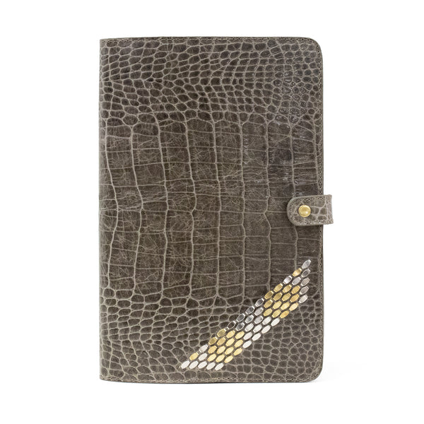Calleen Cordero Snake Notebook 6" W X 9" H Black Croco W/ Brass & Nickel Art