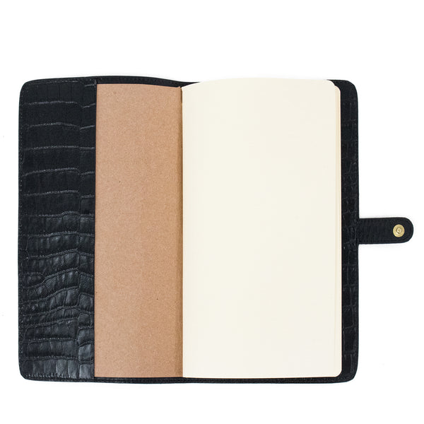 Calleen Cordero Snake Notebook 6" W X 9" H Black Croco W/ Brass & Nickel Art