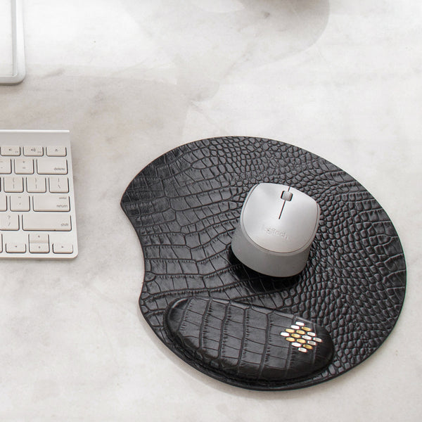 Calleen Cordero Snake Round Mouse Pad Black Croco W/ Nickel & Brass