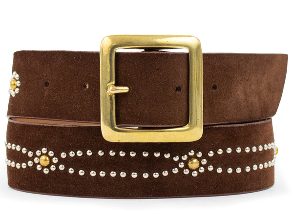 calleen cordero Sol 1.5" Belt Chocolate Suede w/ Brass & Nickel Art