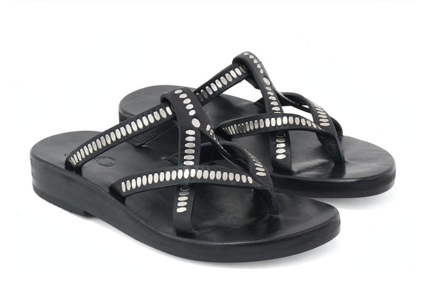 Calleen Cordero Soma Nita Wedge Slide Black Leather W/ Nickel Art