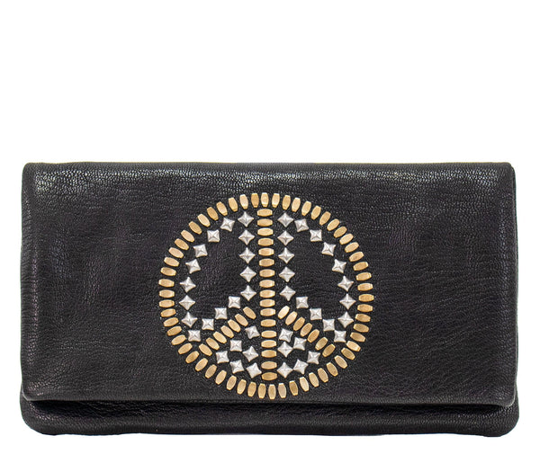 Calleen Cordero Sula Peace Clutch Black Leather W/ Brass & Nickel Art