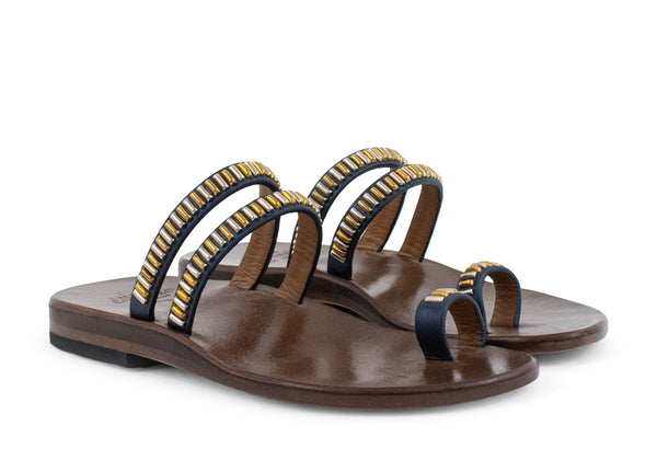 Calleen Cordero Sumi Sandal Navy Metallic W/ Brass & Nickel Art