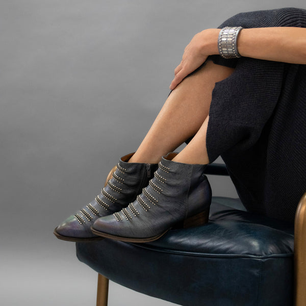 Calleen Cordero Tiba Short Boot Oil Blue Leather W/ Nickel Art