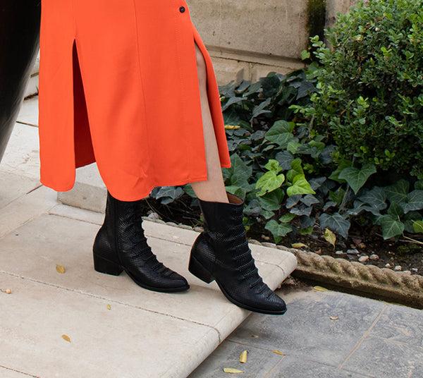 Calleen Cordero Tiba Tall Boot Black Embossed Lizard W/ Black Art