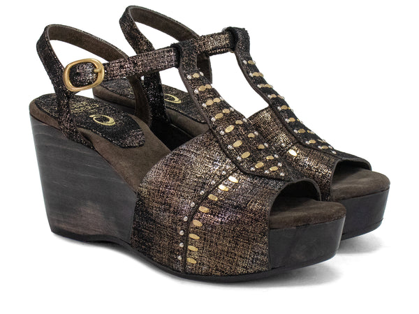 Calleen Cordero Tika A50 Wedge Brown Gold Linen W/ Nickel & Brass