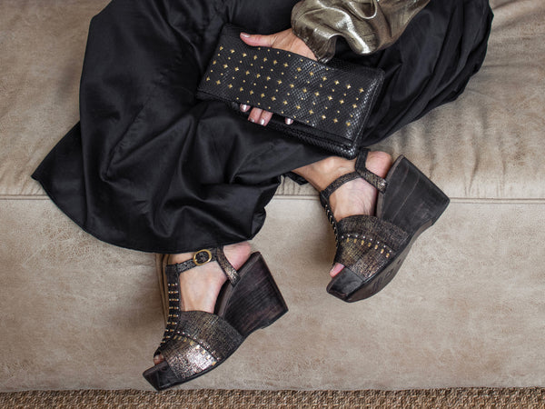 Calleen Cordero Tika A50 Wedge Brown Gold Linen W/ Nickel & Brass