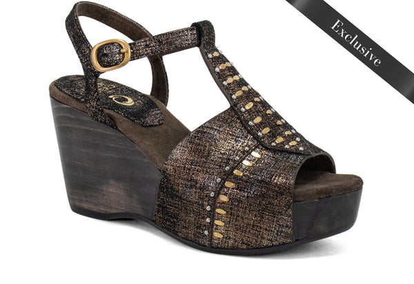 calleen cordero Tika A50 Wedge Brown Gold Linen w/ Nickel & Brass