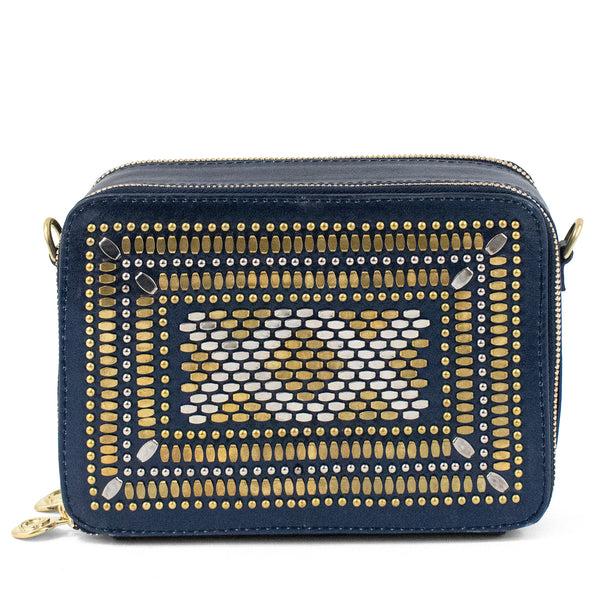 Calleen Cordero Tilda 100 New Size Messenger Navy Metallic W/ Brass And Nickel