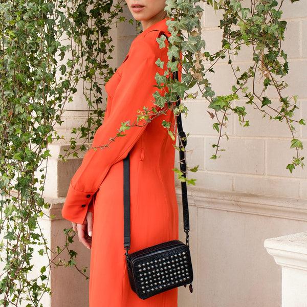 Calleen Cordero Tilda Tosa Messenger Black Embossed Croc W/ Black Art