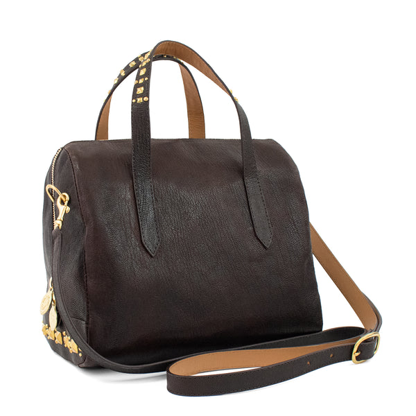 Calleen Cordero Titan Chia Messenger Black Suede W/ Brass Art