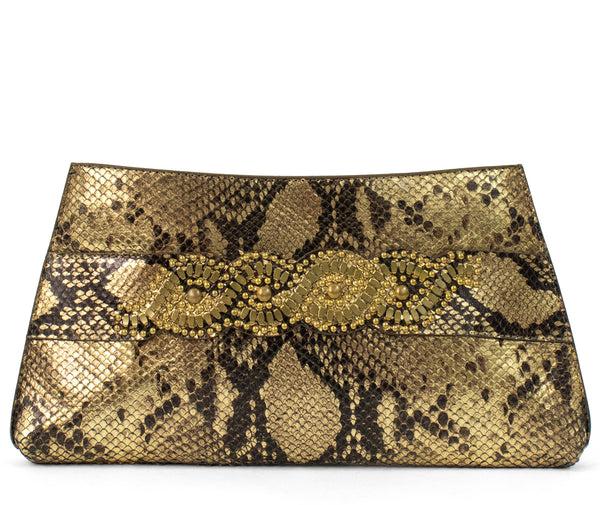Calleen Cordero Topaz Sculpted Clutch Dusty Gold W/ Brass & Nickel Art