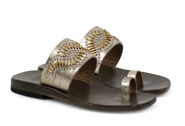 Calleen Cordero Topaz Sq Sandal Dusty Gold W/ Brass & Nickel Art