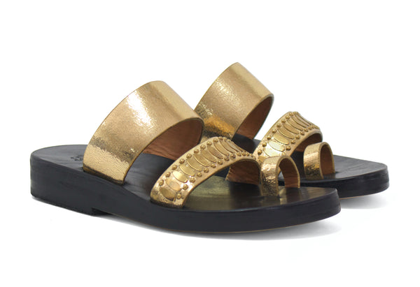 Calleen Cordero Treena Wedge Sandal Gold Mirror W/ Brass Art