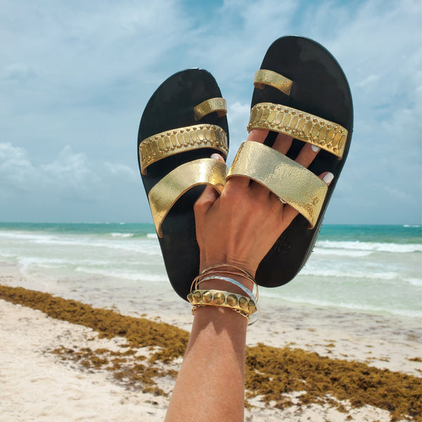 Calleen Cordero Treena Wedge Sandal Gold Mirror W/ Brass Art