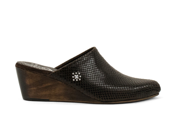 Calleen Cordero Ulla Mini Wedge Dark Brown Lizard W/ Nickel Art