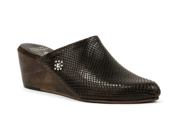 calleen cordero Ulla Mini Wedge Dark Brown Lizard W/ Nickel Art