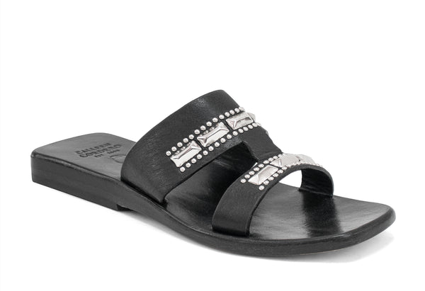 Calleen Cordero Villanova Sandal Black Leather W/ Nickel Art